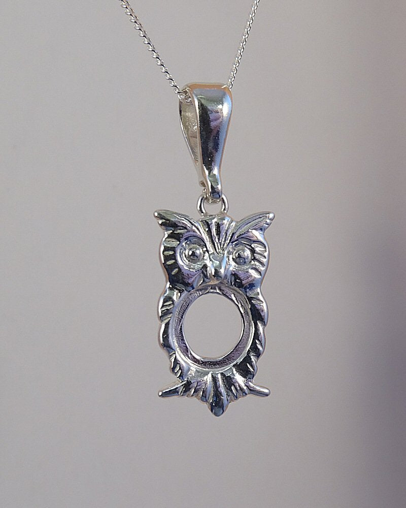Silver Owl Pendant Bezel For 8MM Stone