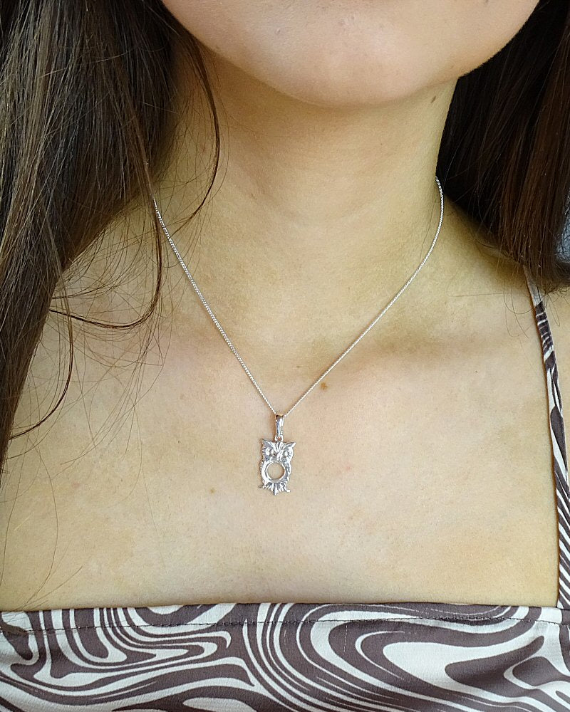 Silver Owl Pendant Bezel For 8MM Stone