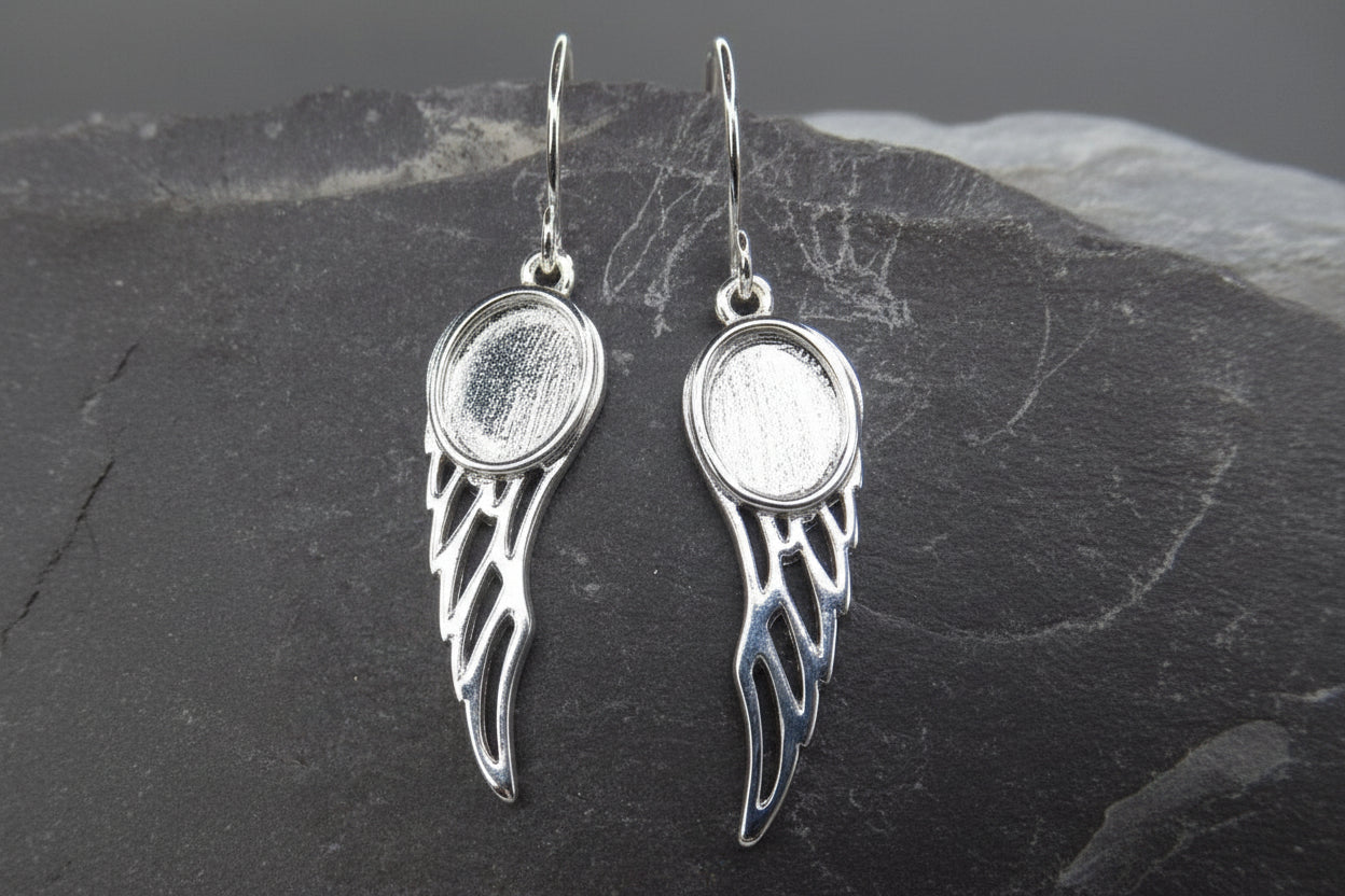 Solid Silver Angel Wing Drop Earrings For 8X6 Cabochons Or Resin