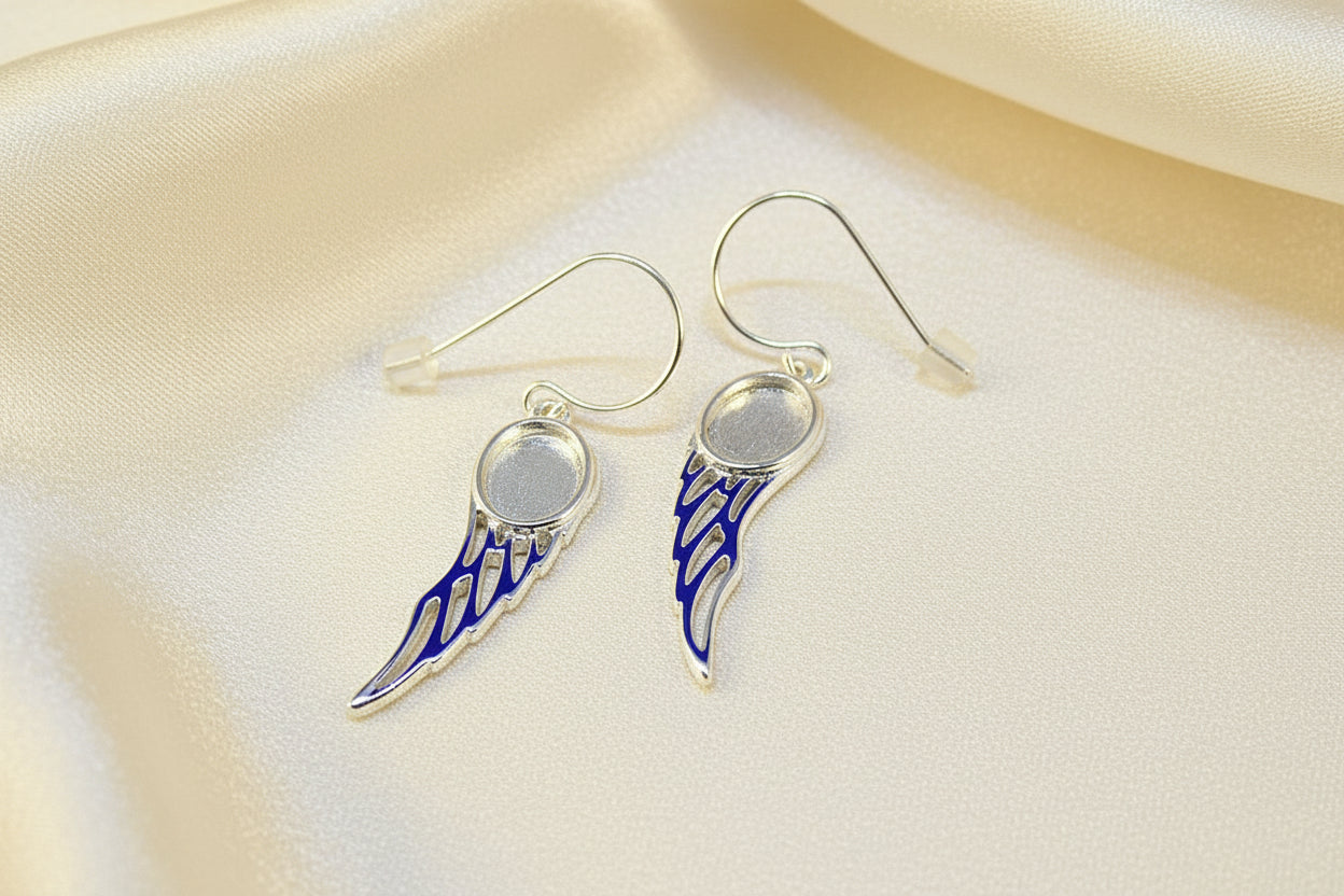 Solid Silver Angel Wing Drop Earrings For 8X6 Cabochons Or Resin