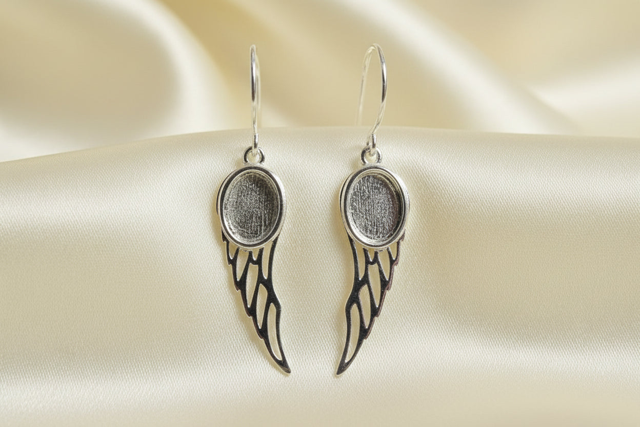 Solid Silver Angel Wing Drop Earrings For 8X6 Cabochons Or Resin