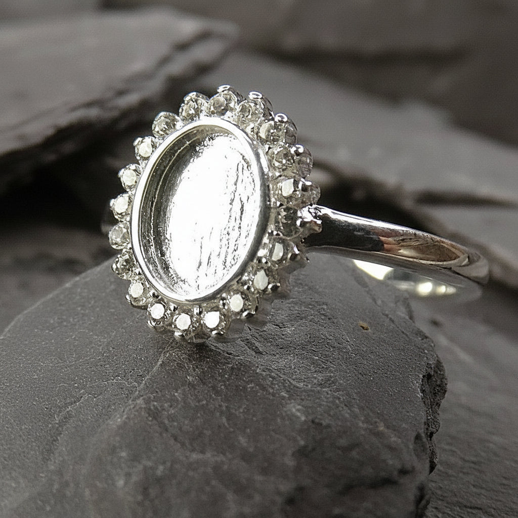 Solid Silver Ring with Halo cz Surround To Fit 8x6 Cabochon Or Resin