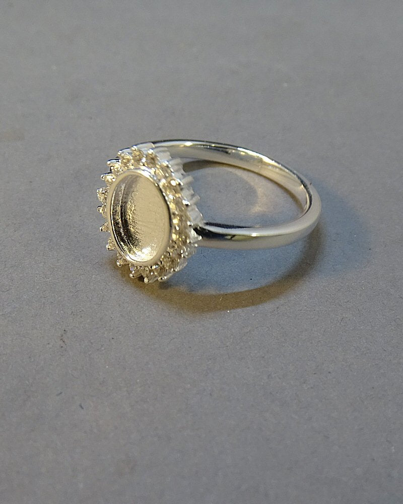 Solid Silver Ring with Halo cz Surround To Fit 8x6 Cabochon Or Resin