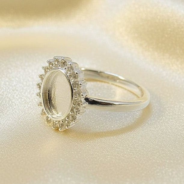 Solid Silver Ring with Halo cz Surround To Fit 8x6 Cabochon Or Resin