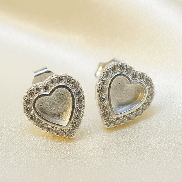 Solid Silver Heart Studs with cz stones Suitable For Resin