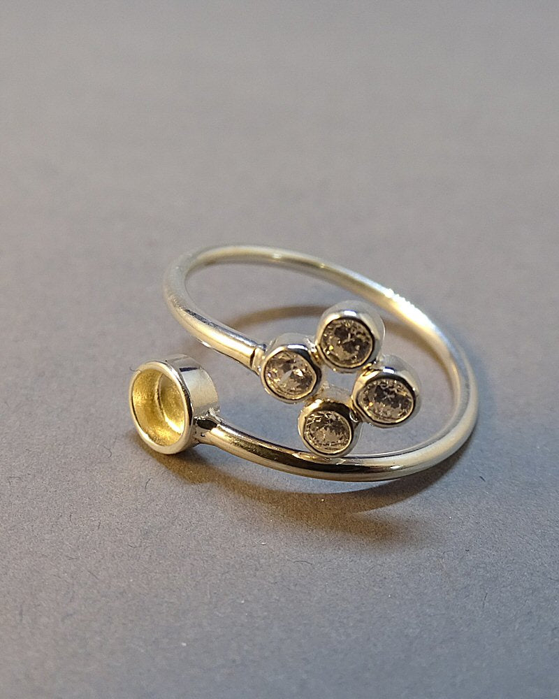 Silver Adjustable Ring For 4mm Cabochon Or Resin With CZ
