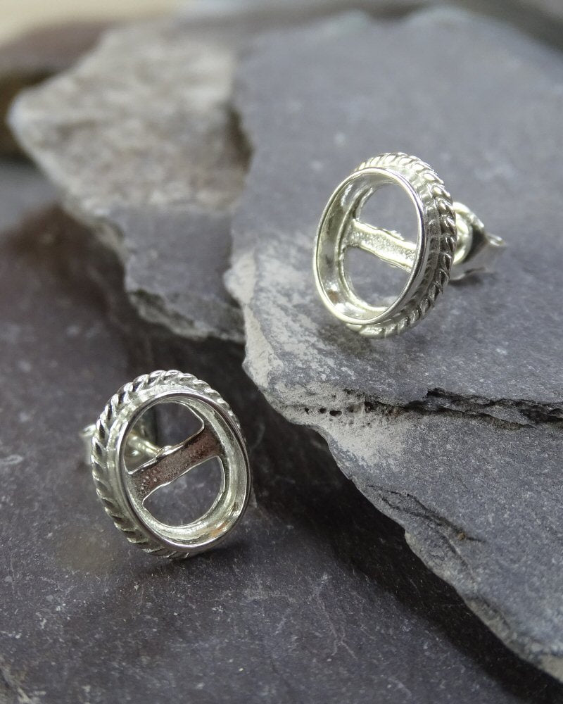 Silver Rope Edge Stud Earring Mount Settings 7x5 or 8x6