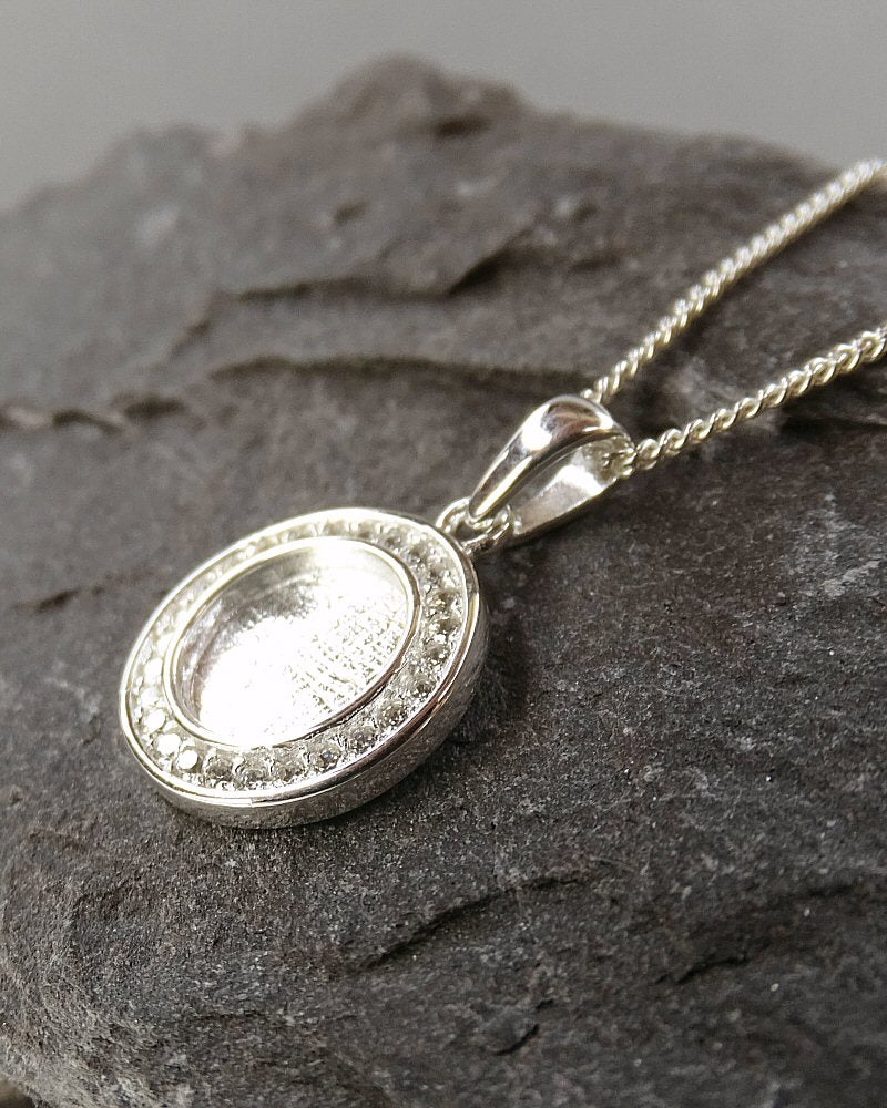 Solid Silver Round Pendant With CZ To Fit 8MM Cabochon Or Resin