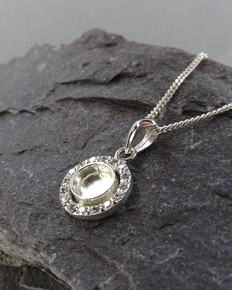 Dainty Silver CZ Pendant for 6mm cabochon or Resin