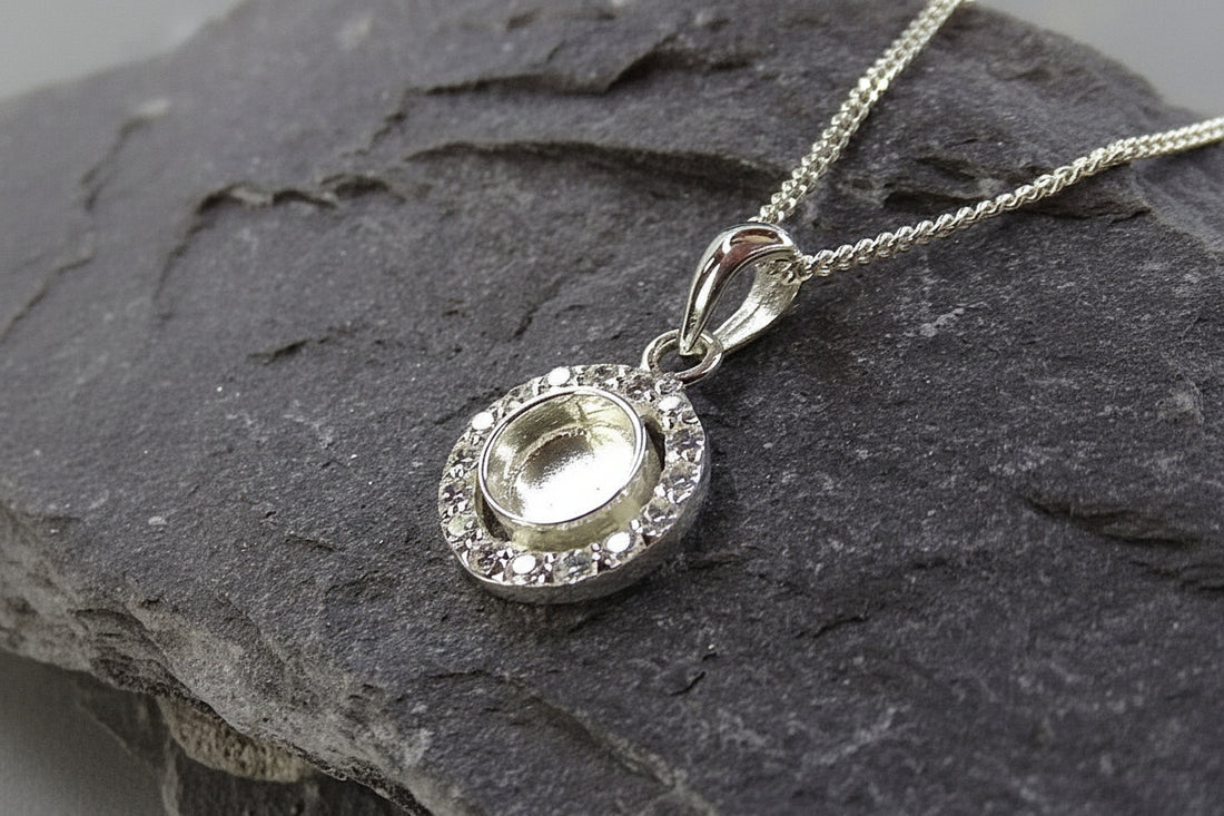Dainty Silver CZ Pendant for 6mm cabochon or Resin