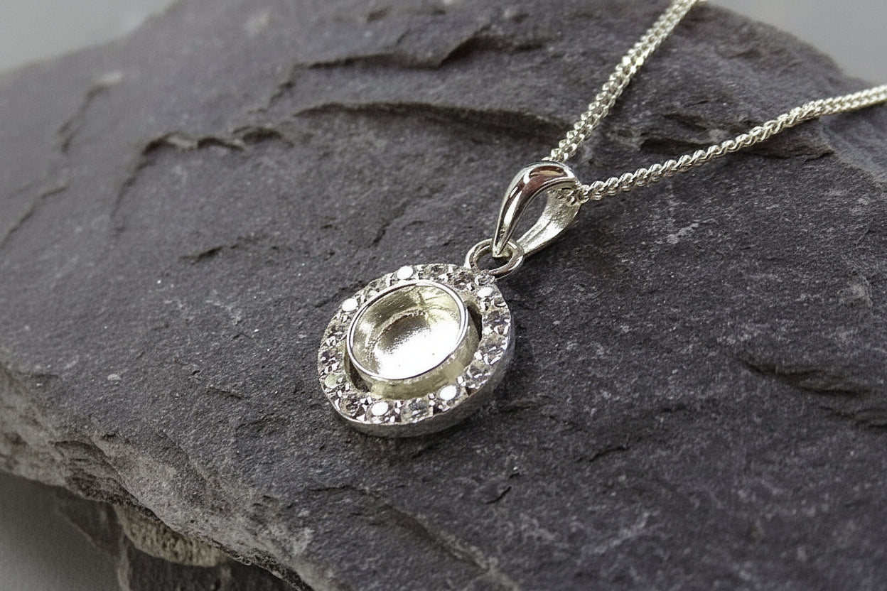 Dainty Silver CZ Pendant for 6mm cabochon or Resin