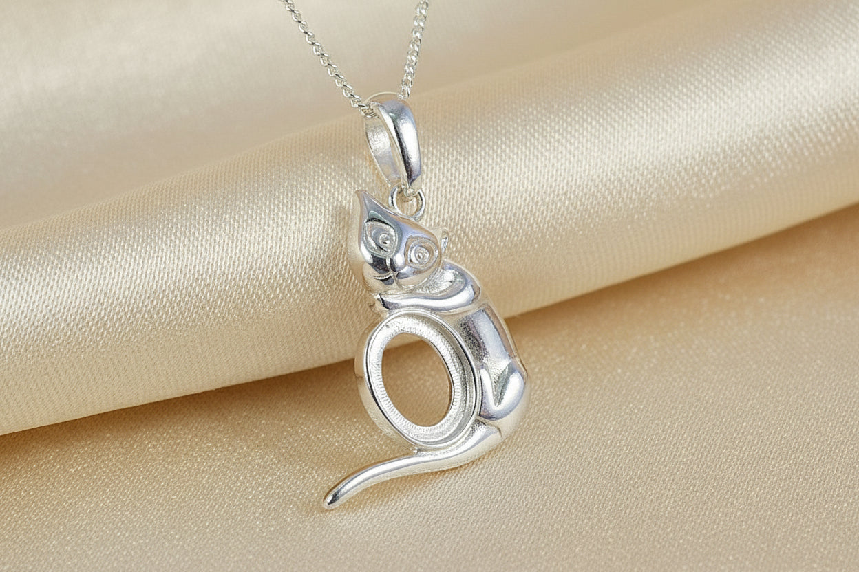 silver cat pendant to fit cabochon