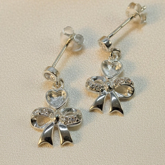 Solid Silver Bow And Heart Drop Earrings suitable for resin