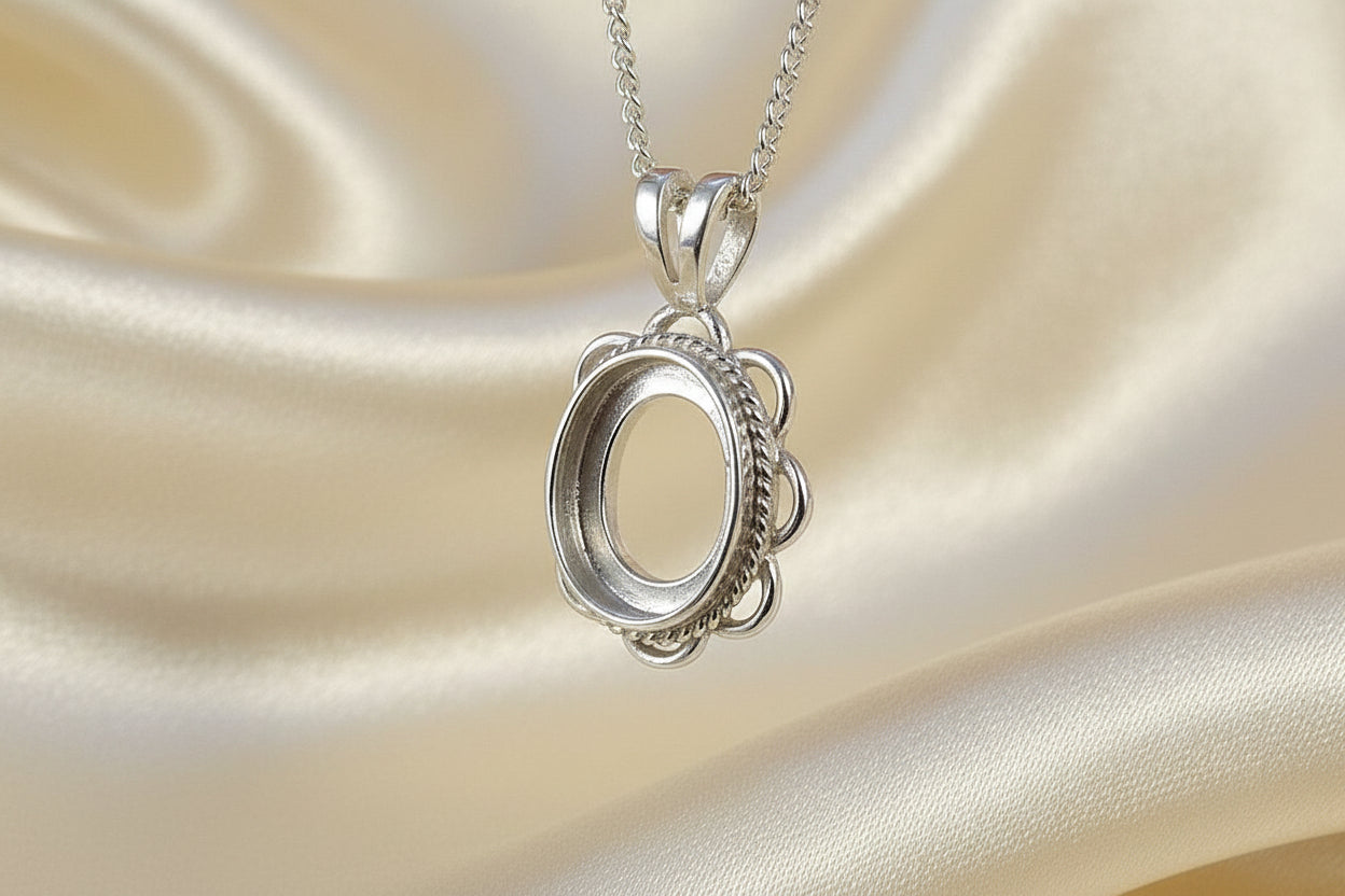 Silver Frill Edge Pendant Cabochon Setting For 10x8