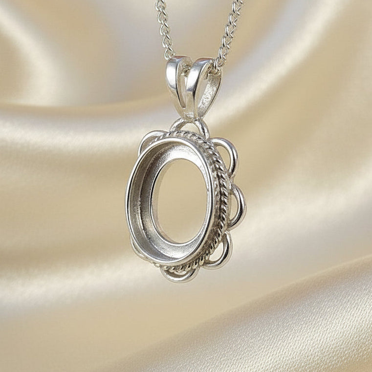Silver Frill Edge Pendant Cabochon Setting For 10x8