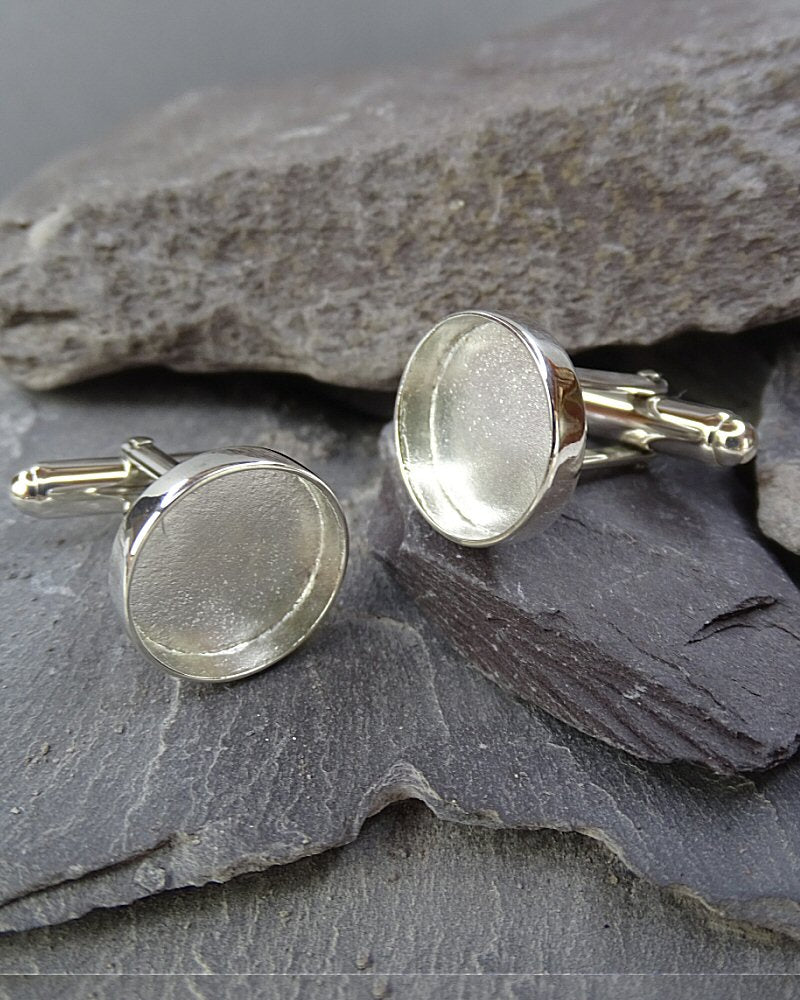 Silver Cufflink Blank For Round 13.8mm Stones Or Resin