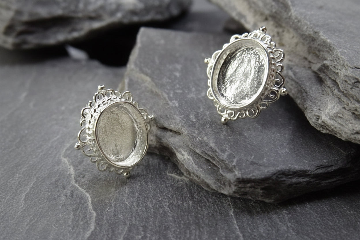 Silver Earstuds Bezel For 8x6 Cabochon