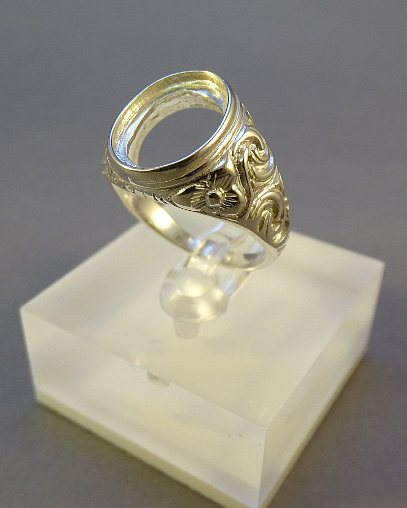 Gents Embossed Silver Signet Ring For 14x10 Stone