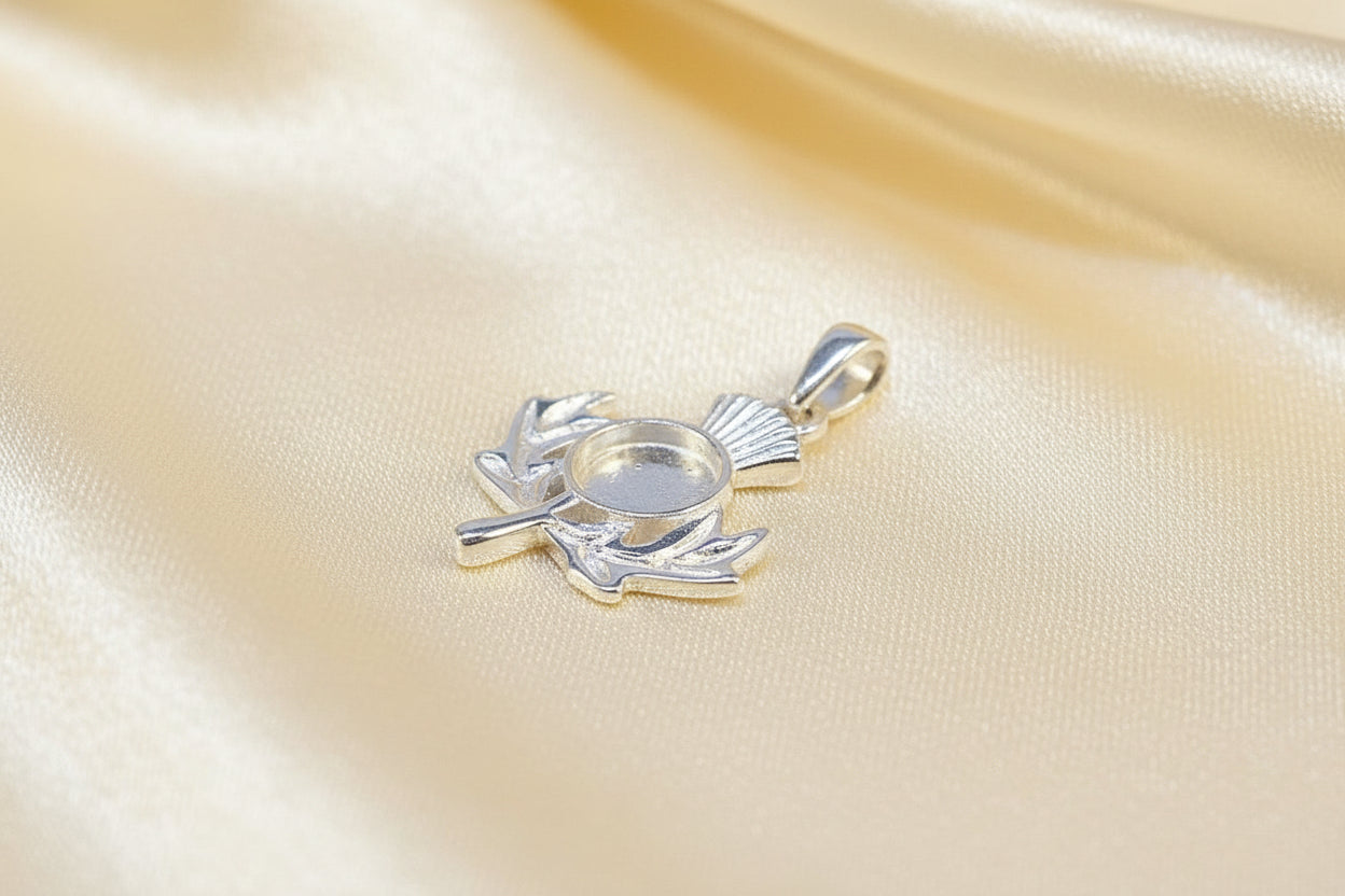 Solid Silver Thistle Pendant to fit 6mm Cabochon Or Resin