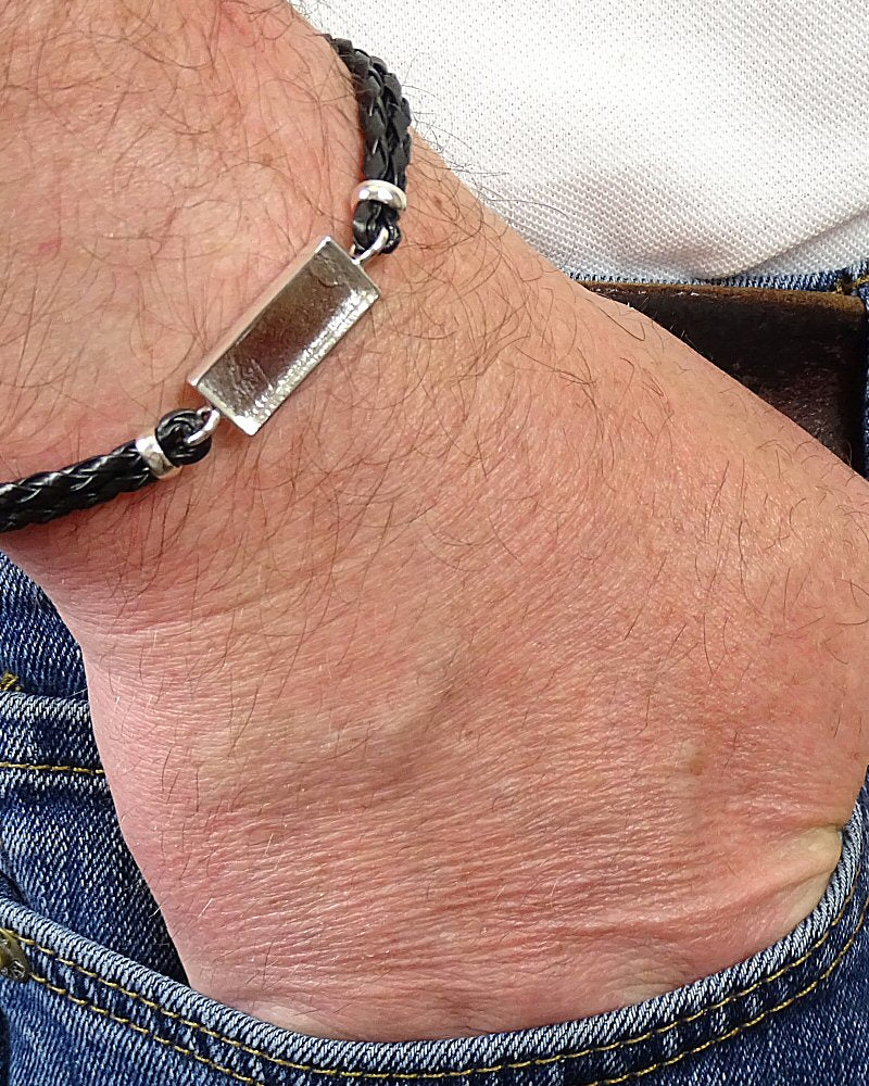 Gents Silver Bracelet with Leather Strap suitable for resin