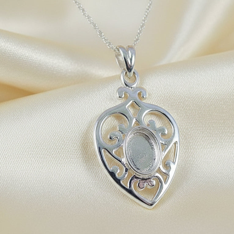 Heart Shapped Silver Pendant Setting For 8x6 Stone