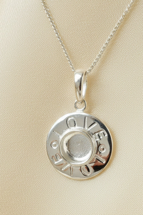 Solid silver pendant blank with love engraved suitable for 5mm cabochon or resin