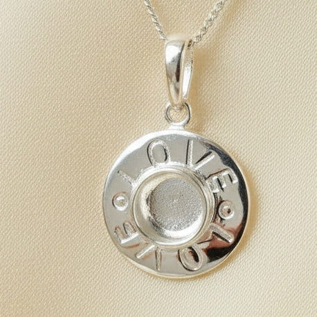 Solid silver pendant blank with love engraved suitable for 5mm cabochon or resin