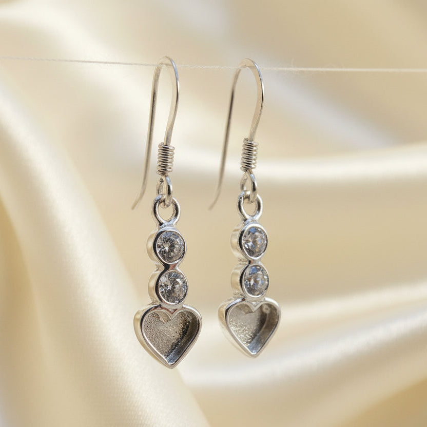 silver heart and cz memorial drop earrings