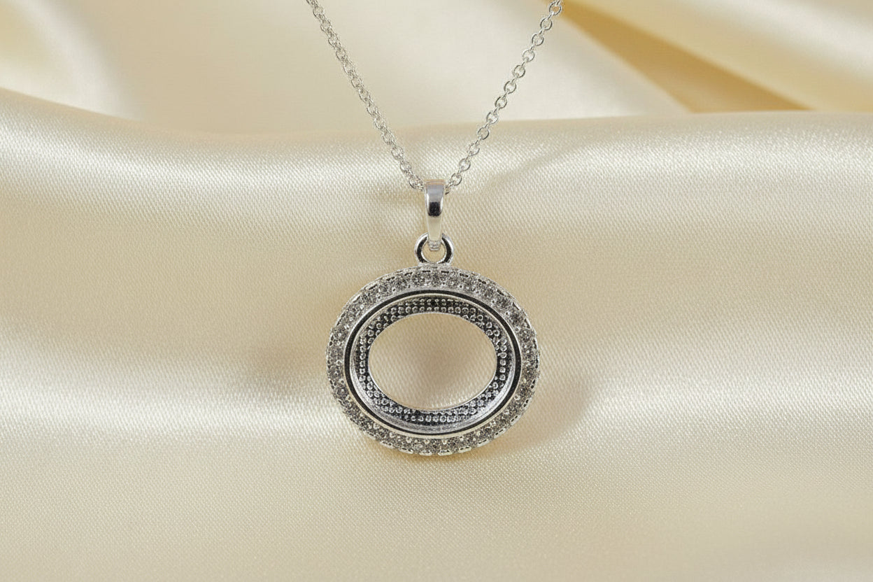 Solid Silver Pendant for 10x8 Cabochon with CZ Suround