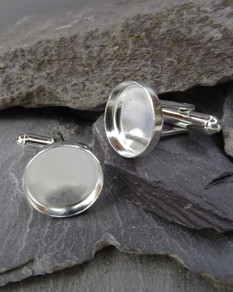 Silver Collet Bezel Cufflinks to take 14mm Cabochon Or Resin