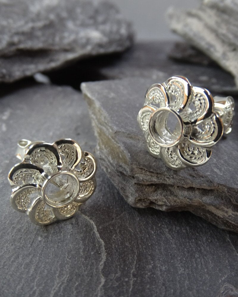Silver filigree Ear Stud Setting For 4mm Stone