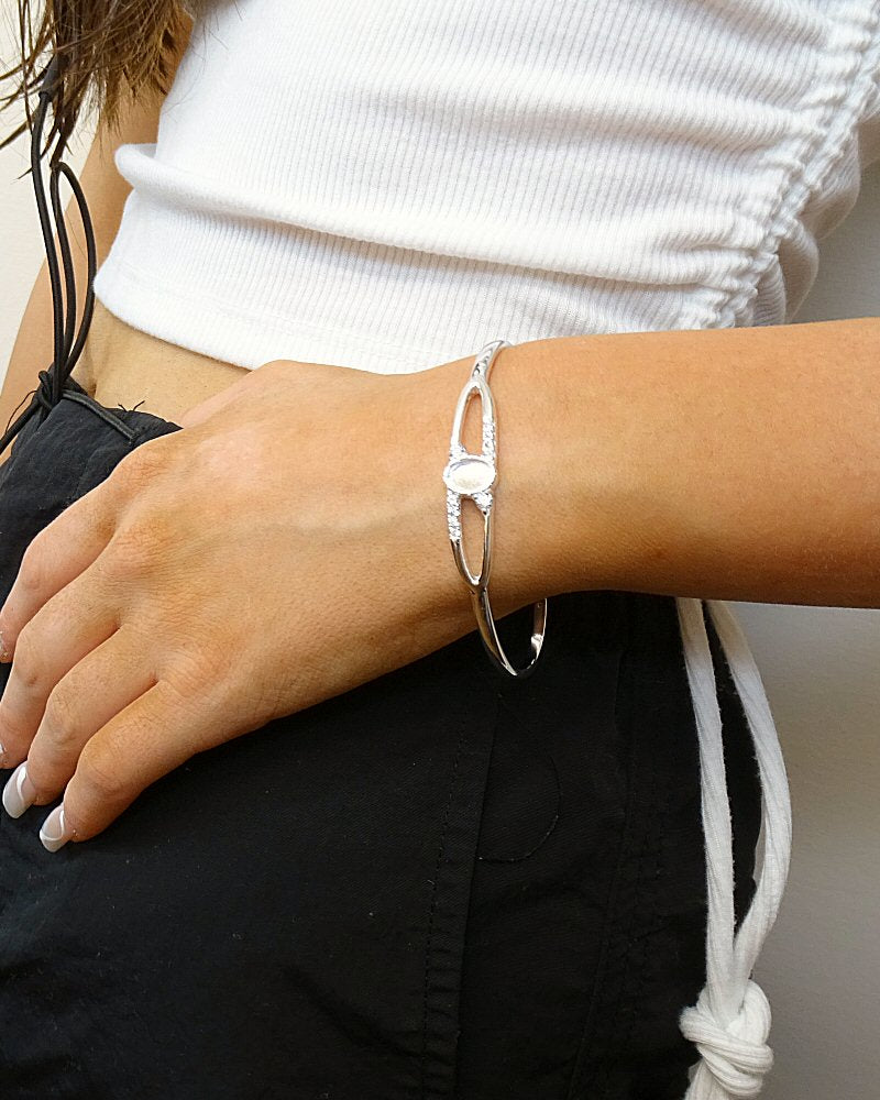 Solid Silver Bangle With CZ To Fit 8x6 Cabochon Or Resin