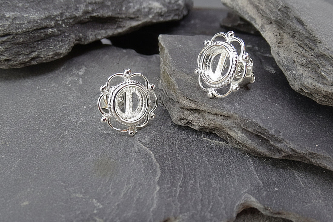 Silver Frill And Bead Ear Stud Setting For 6mm Stone