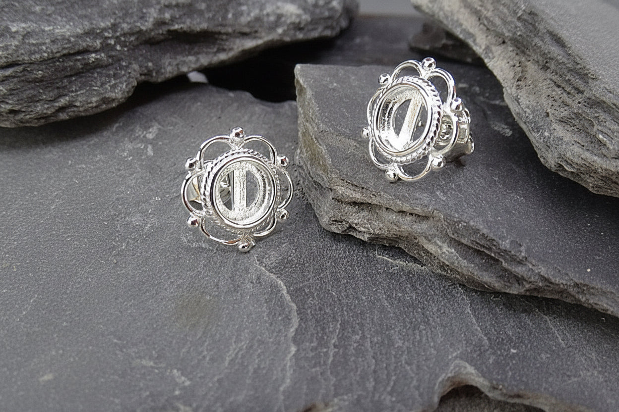 Silver Frill And Bead Ear Stud Setting For 6mm Stone