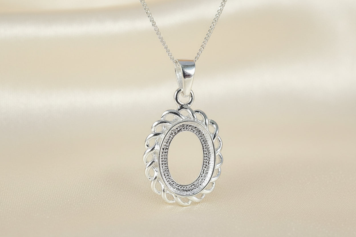 Scroll Edge Silver Pendant Setting For 14x10 Cabochons