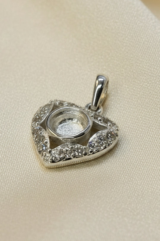 Solid Silver heart shaped pendant with cz to fit 5mm cabochon or resin