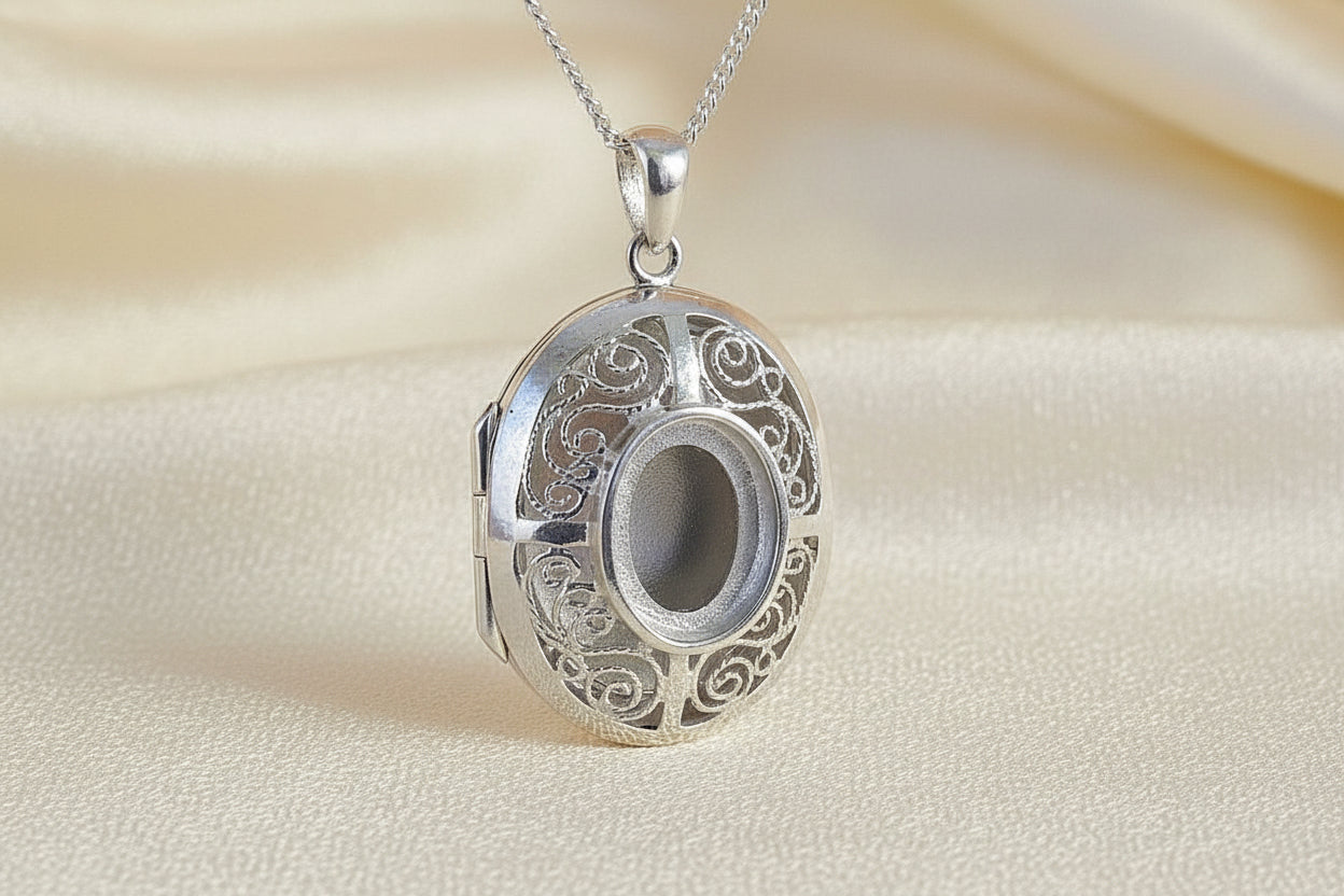 Solid Silver Fillagree Stye Locket With Bezel For 10x8 Cabochon