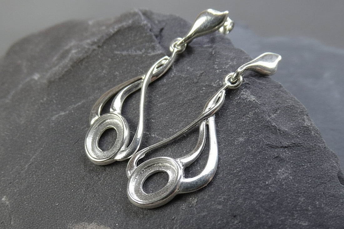 Solid Silver Fancy Drop Earrings To Fit 8x6 Cabochons