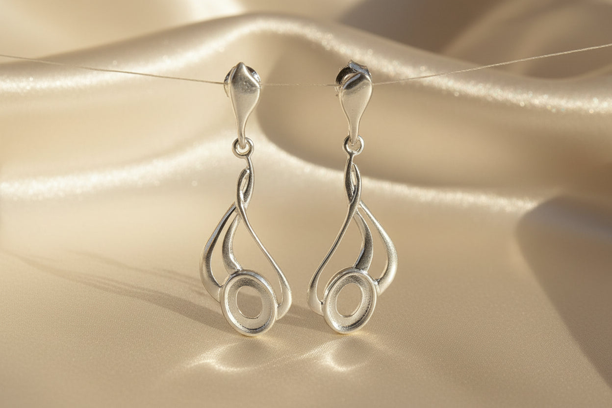 Solid Silver Fancy Drop Earrings To Fit 8x6 Cabochons