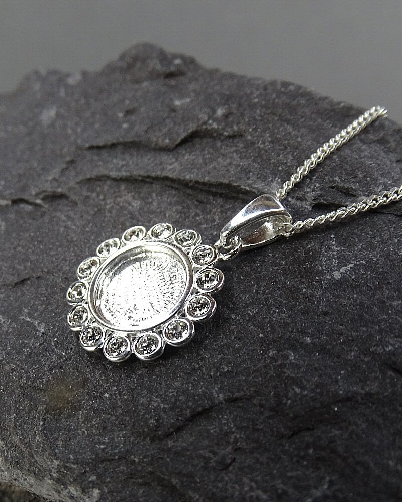 Solid Back Silver And CZ Pendant To Fit 8mm Cabochon Or Resin