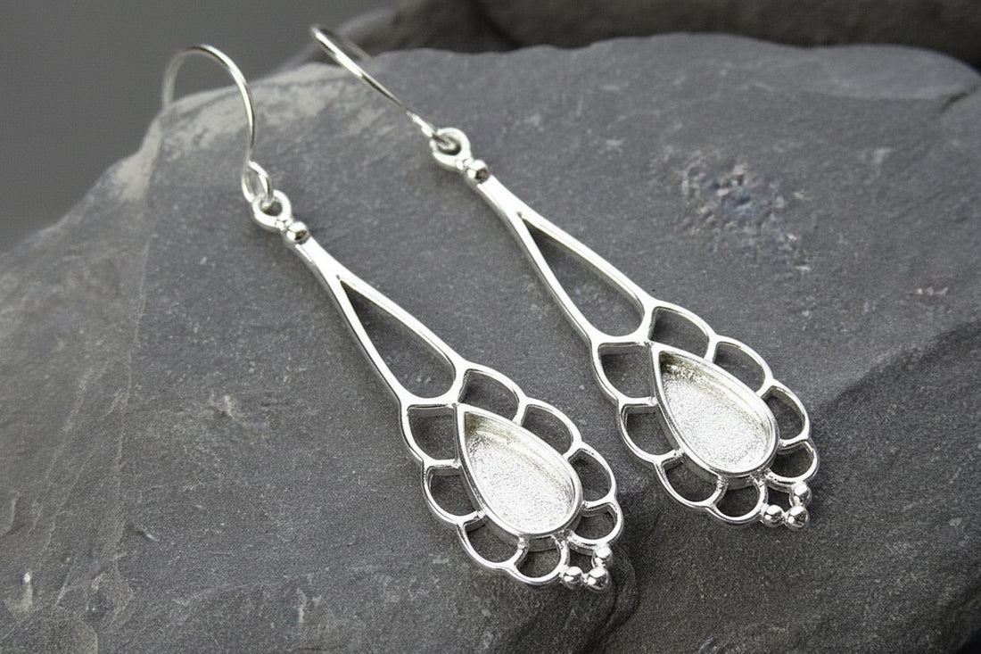 Solid silver drop earring frill edge teardrop