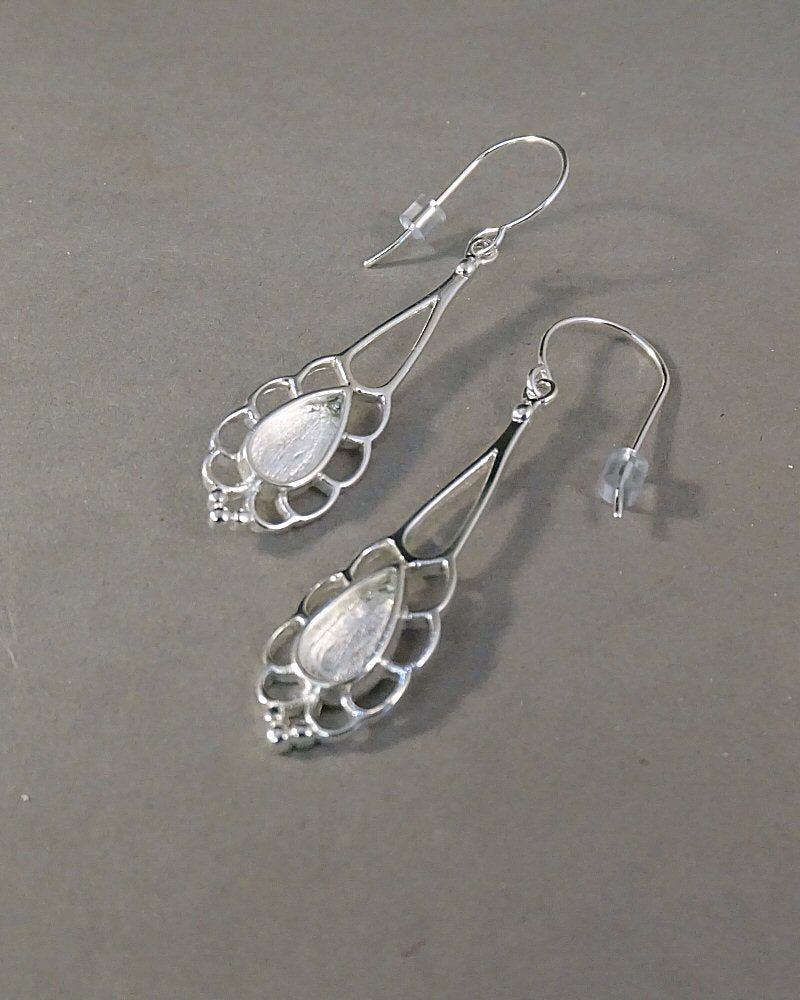 Solid silver drop earring frill edge teardrop