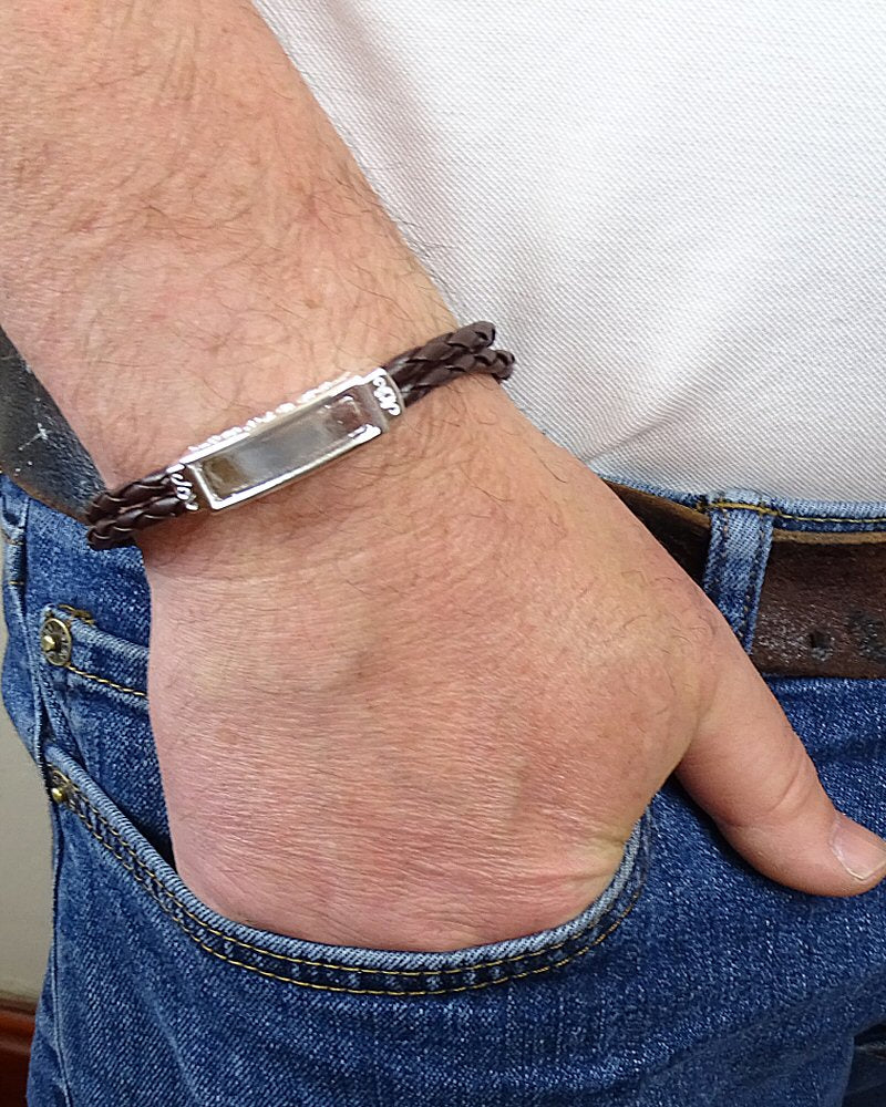 Solid Silver Gents Bracelet With Leather Strap