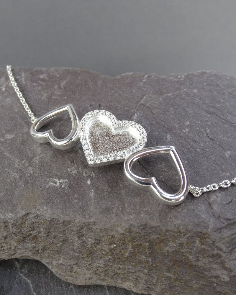 Solid Silver Three Heart Bracelet with cz Stones Suitable For Resin