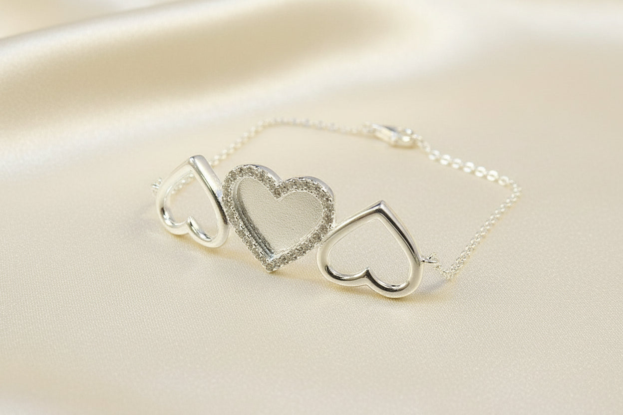 Solid Silver Three Heart Bracelet with cz Stones Suitable For Resin
