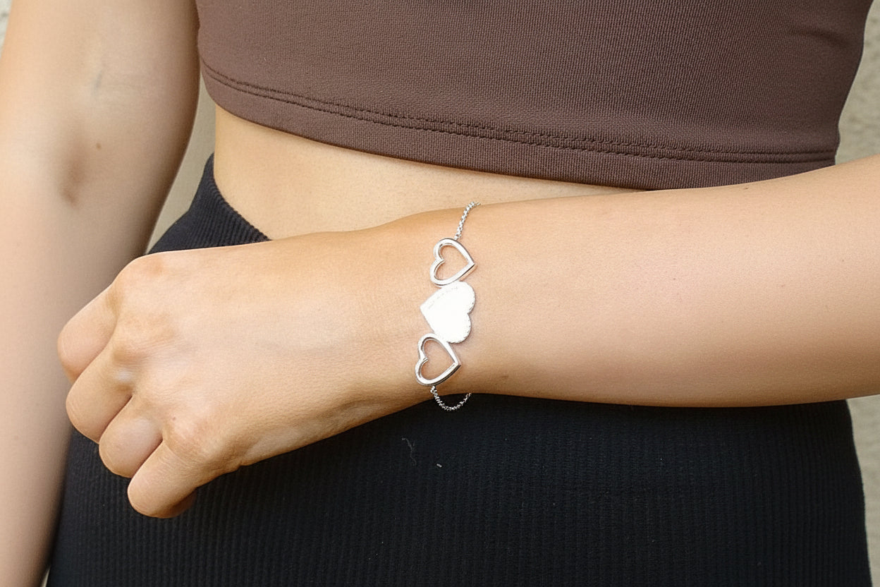 Solid Silver Three Heart Bracelet with cz Stones Suitable For Resin