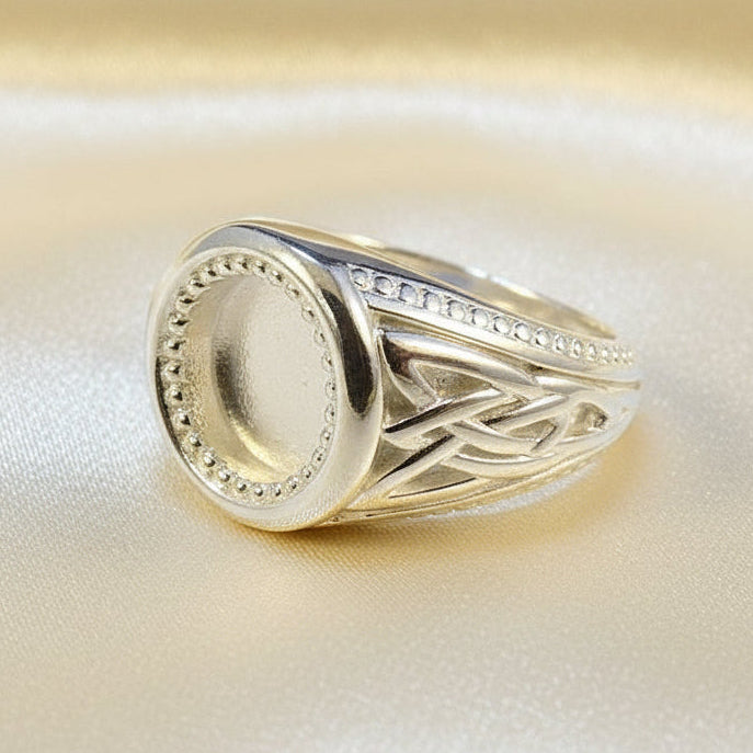 Heavy gents Silver 925 ring with patterned Sides for cabochon or resin