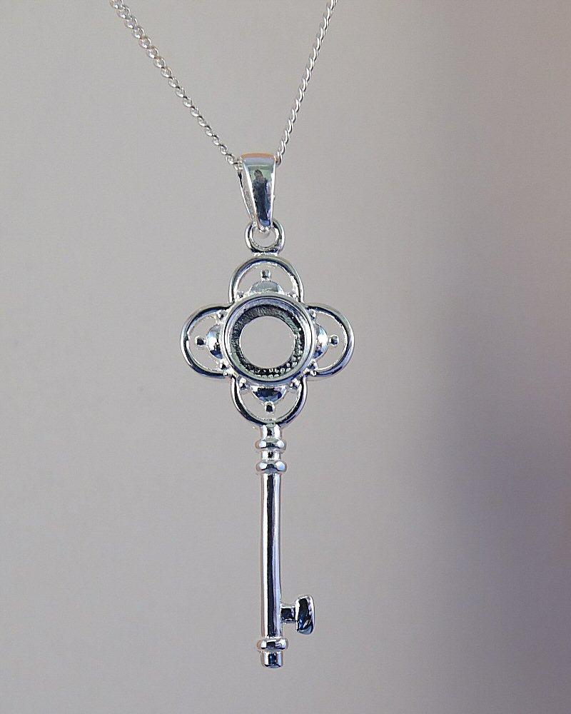 Silver key Pendant Setting To Fit 6mm Cabochon