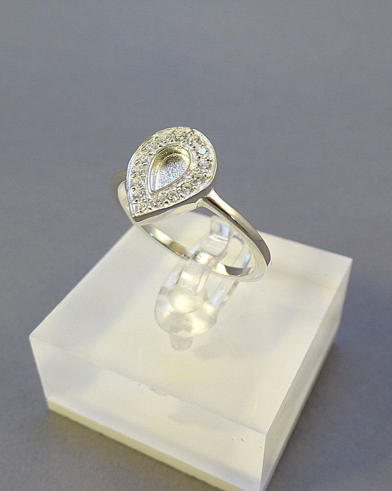 Solid Silver Tear Drop Ring Blank With CZ for resin