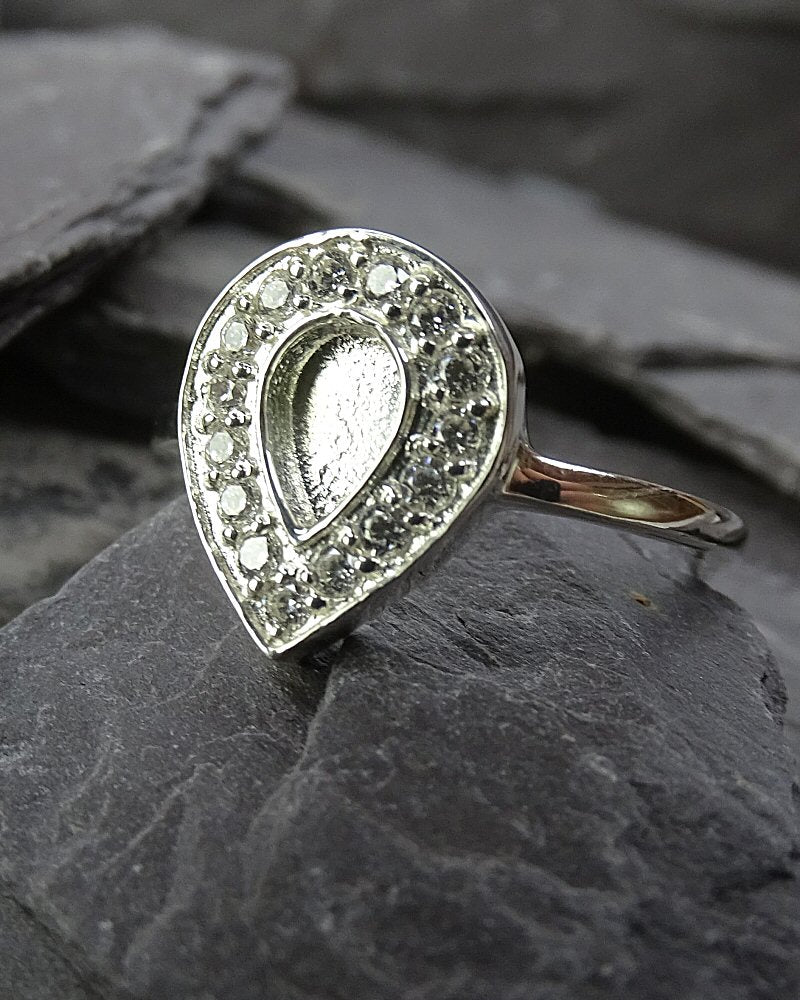Solid Silver Tear Drop Ring Blank With CZ for resin